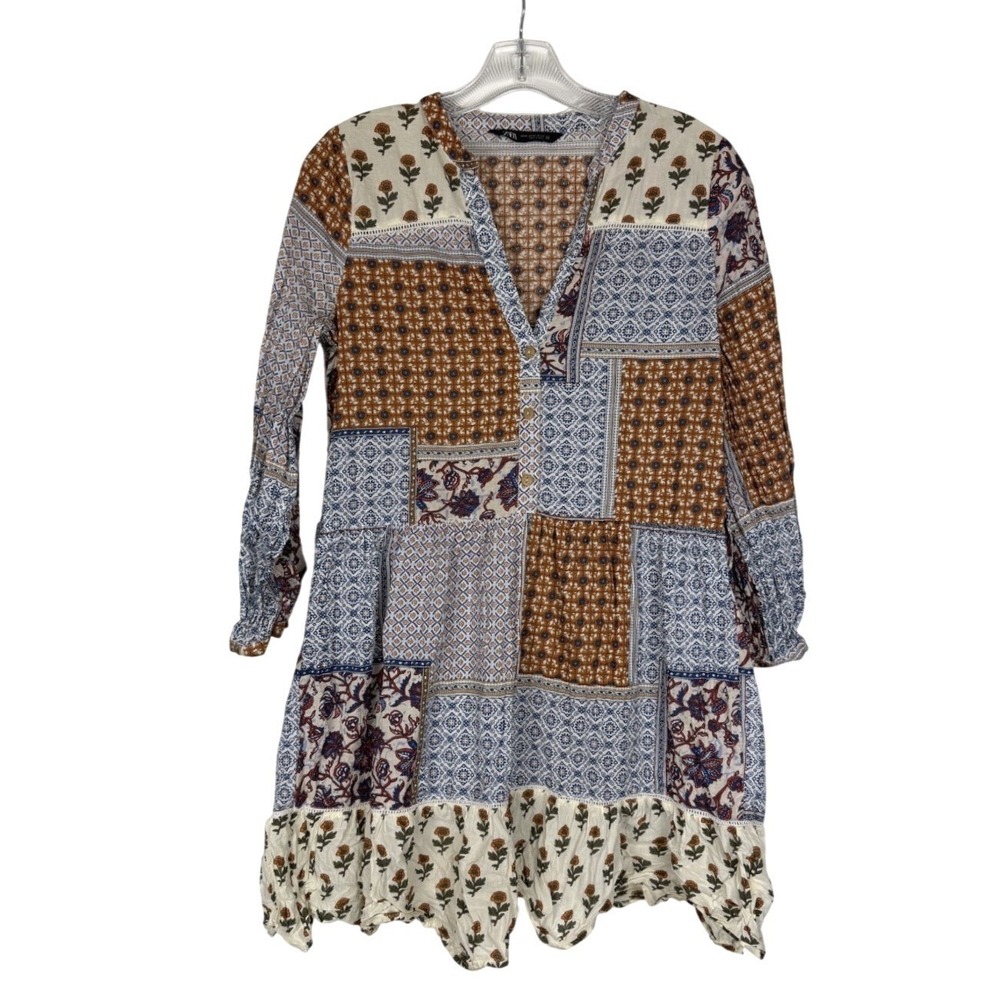Zara Patchwork Cottagecore Printed Shirt‎ Dress Womens XS Multicolor